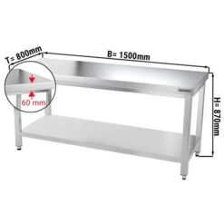Edelstahl Arbeitstisch PREMIUM - 1500x800mm - Mit Grundboden Ohne Aufkantung