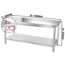 Edelstahl Arbeitstisch PREMIUM - 1600x800mm - Mit Grundboden Ohne Aufkantung