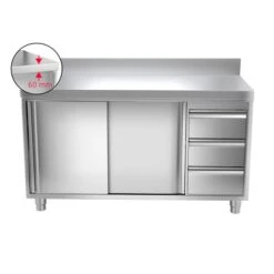 Edelstahl Arbeitsschrank PREMIUM - 1400x600mm - Mit 3 Schubladen Rechts & Aufkantung -Küchenzubehör Laden ask147a r icon a856