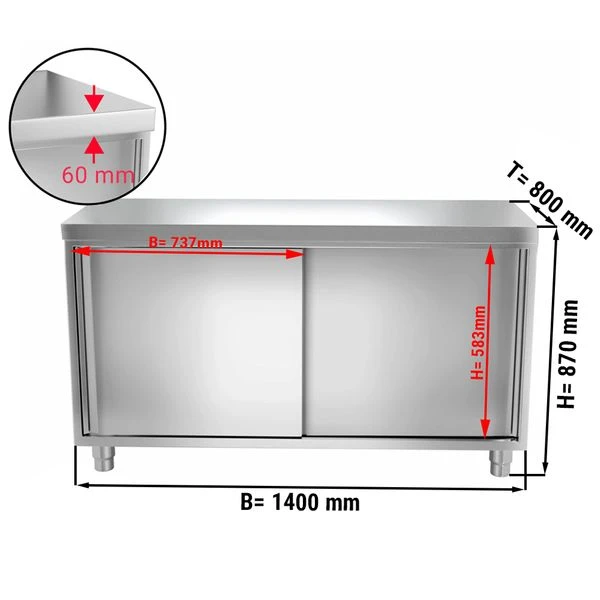 Edelstahl Arbeitsschrank PREMIUM - 1400x800mm - Mit Schiebetür Ohne Aufkantung 5 Edelstahl Arbeitsschrank PREMIUM - 1400x800mm - Mit Schiebetür Ohne Aufkantung – Bild 3