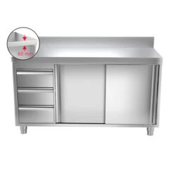 Edelstahl Arbeitsschrank PREMIUM - 1600x600mm - Mit 3 Schubladen Links & Aufkantung -Küchenzubehör Laden ask167a l icon 21e9