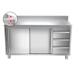 Edelstahl Arbeitsschrank PREMIUM - 1800x600mm - Mit 3 Schubladen Rechts & Aufkantung -Küchenzubehör Laden ask187a r icon dd68