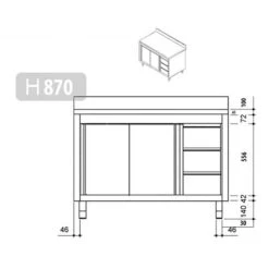 Edelstahl Arbeitsschrank PREMIUM - 1400x600mm - Mit 3 Schubladen Rechts & Aufkantung -Küchenzubehör Laden stainless steel workcabinet 3 drawers drawing 1 11fc