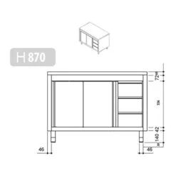 Edelstahl Arbeitsschrank PREMIUM - 1800x600mm - Mit 3 Schubladen Rechts Ohne Aufkantung -Küchenzubehör Laden stainless steel workcabinet without backsplash 3 drawers drawing 1 127b 1
