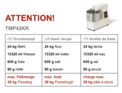 Teigknetmaschine - 42 Liter / 38 Kg - 1 Geschwindigkeit - Kessel Abnehmbar Und Rührwerk Aufklappbar -Küchenzubehör Laden tmp42kr ec1f